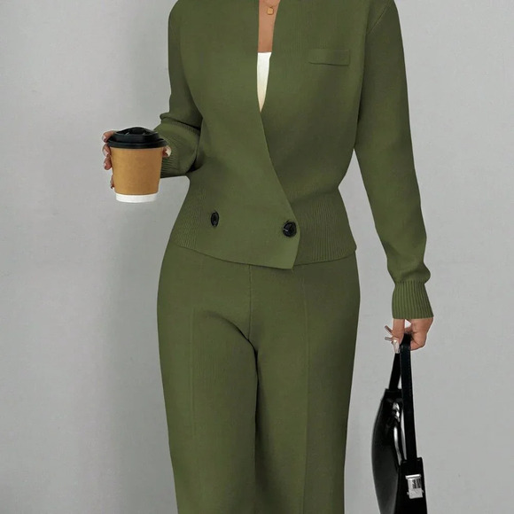 Green Elegant Women's Loose Long Sleeve Crew Neck  Knit Sweater & Suit Pants Set - Picture 6 of 8